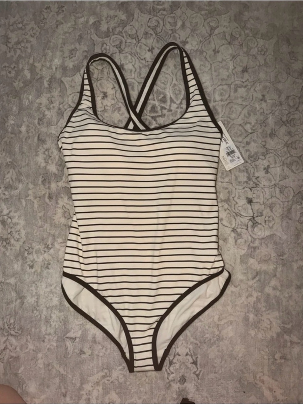 Striped White One-Piece Swimsuit with Black Trim
